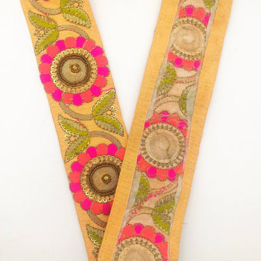 Orange Art Silk Lace Trim, Floral Embroidery in Green, Salmon and Fuchsia